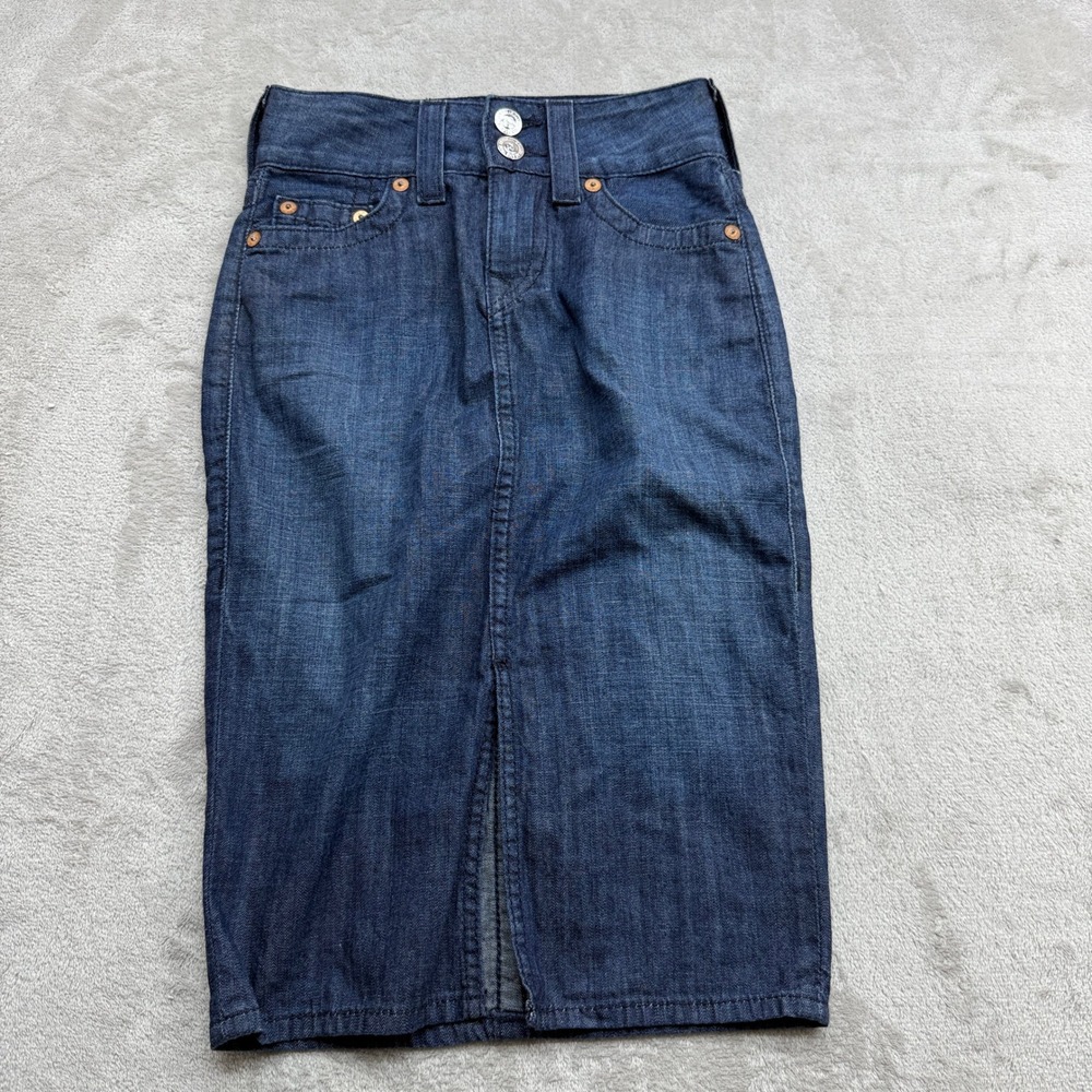 True Religion Marissa Denim Skirt Womens 23 Blue Dark Wash Front Slit Pencil Y2K